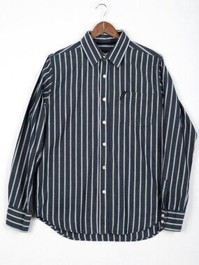 Vintage 90s Bongo Classic Wovens Mens Blue Striped Cotton Button Up Shirt L